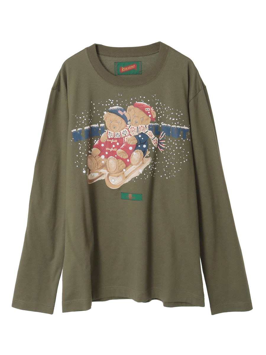 三つ子のくま冬支度プリントカットソー 詳細画像 カーキ 1