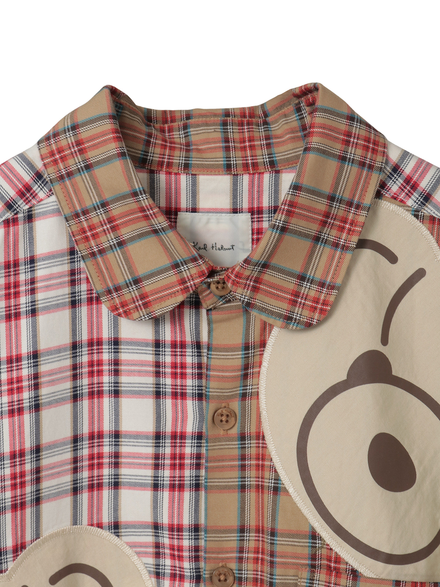 くまアップリケ付きオリジナルタータンチェックシャツブラウス 詳細画像 シロ系 3