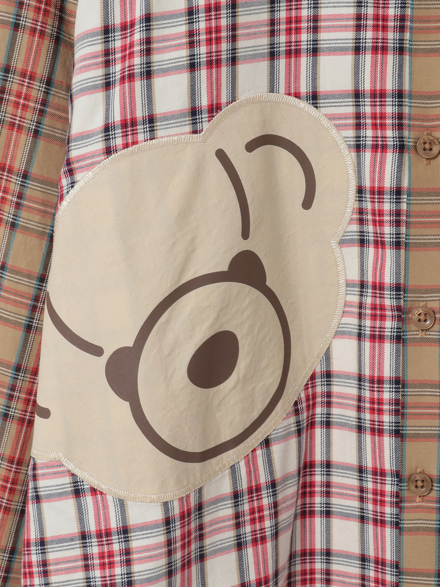 くまアップリケ付きオリジナルタータンチェックシャツブラウス 詳細画像 シロ系 8