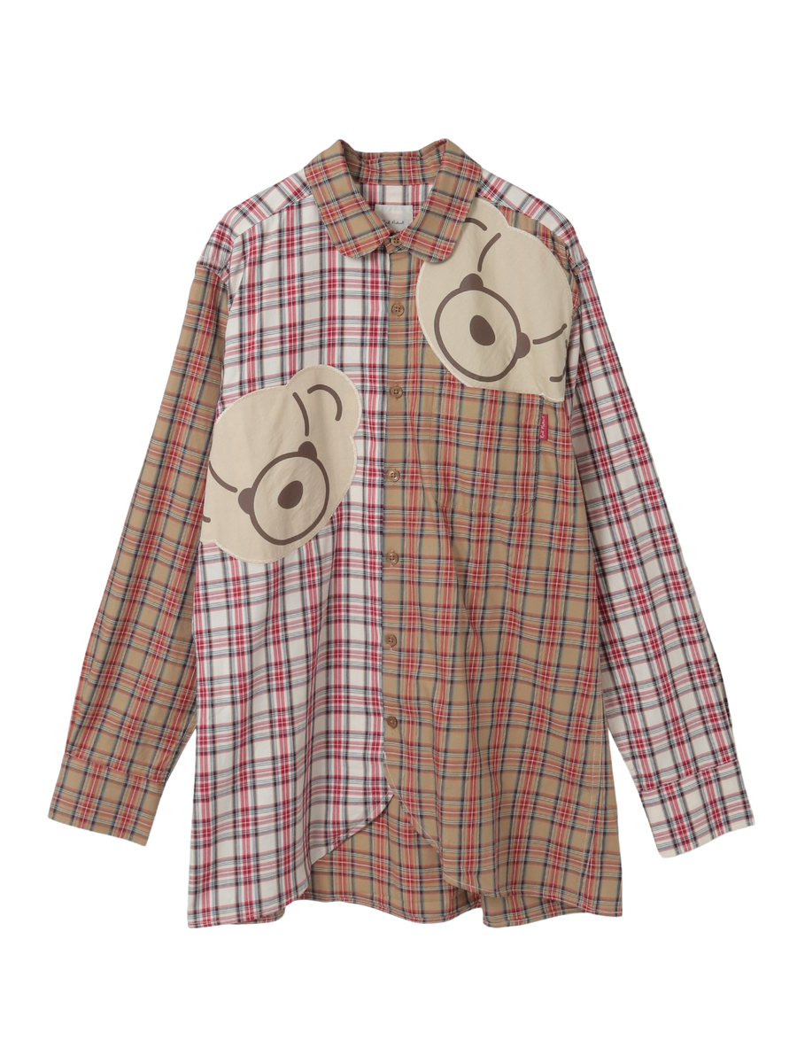 くまアップリケ付きオリジナルタータンチェックシャツブラウス 詳細画像 シロ系 1