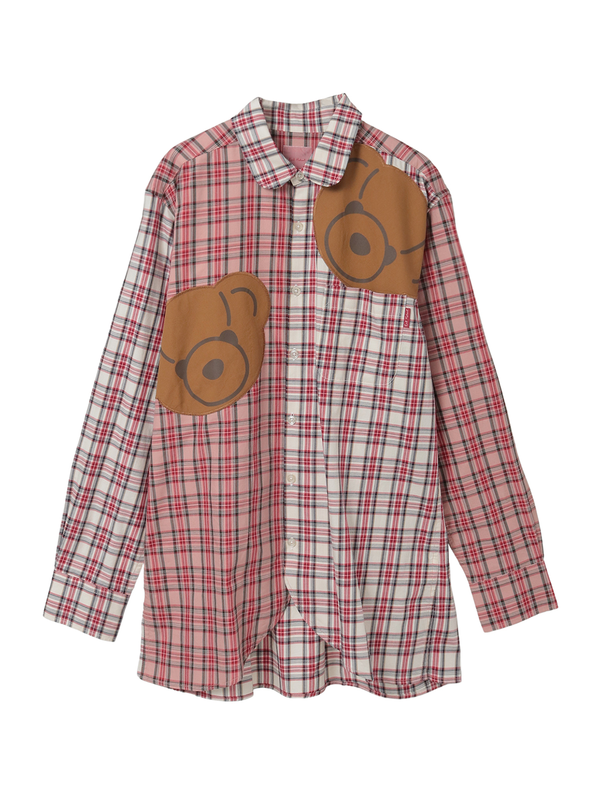 くまアップリケ付きオリジナルタータンチェックシャツブラウス｜ピンク