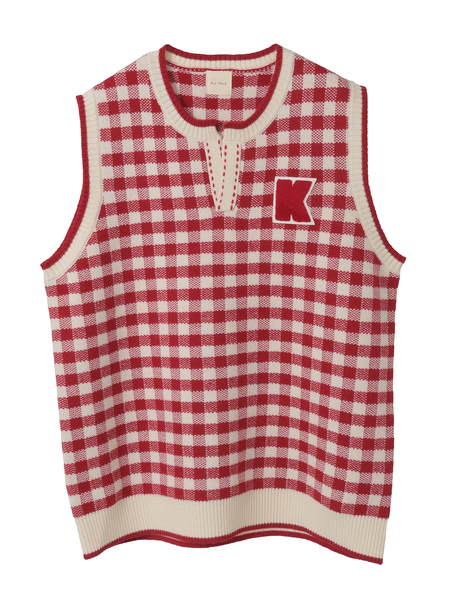 Kロゴワッペン付きチェックニットベスト