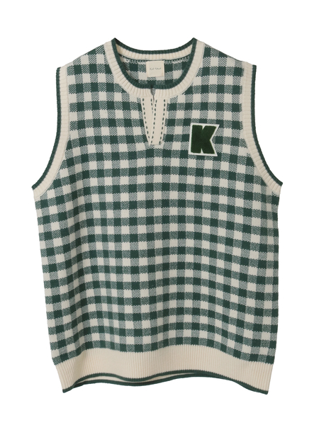 Kロゴワッペン付きチェックニットベスト