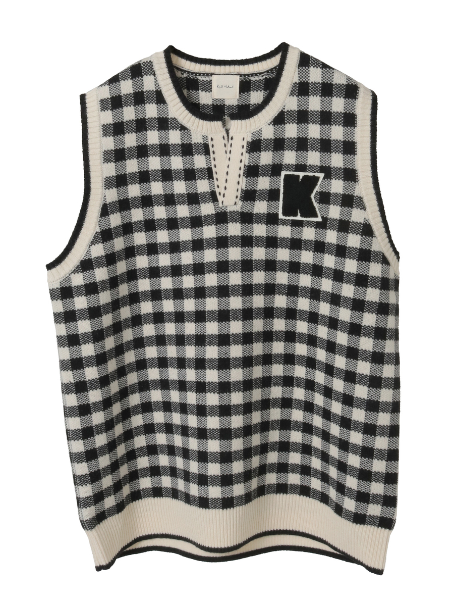 Kロゴワッペン付きチェックニットベスト 詳細画像 ブラック 1