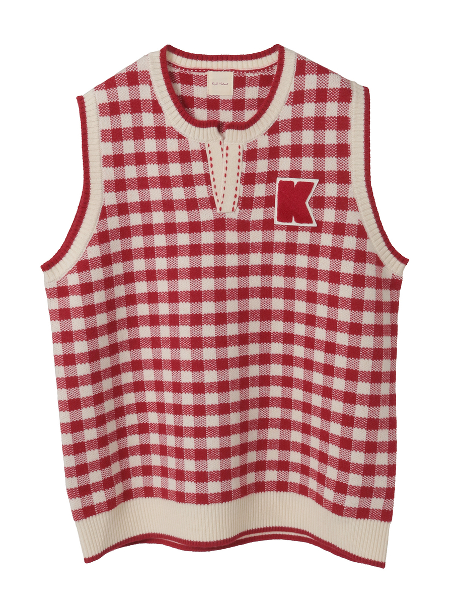 Kロゴワッペン付きチェックニットベスト 詳細画像 アカ 1
