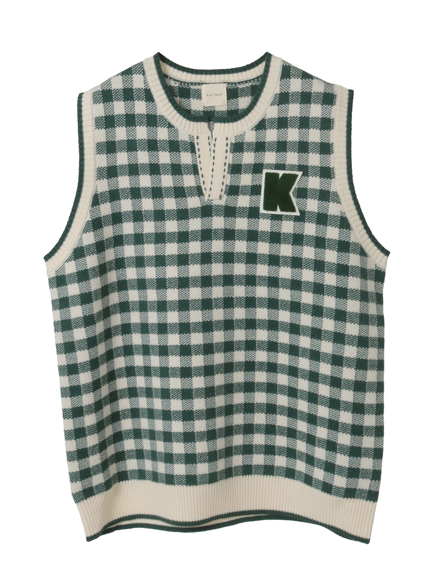 Kロゴワッペン付きチェックニットベスト 詳細画像 グリーン 1