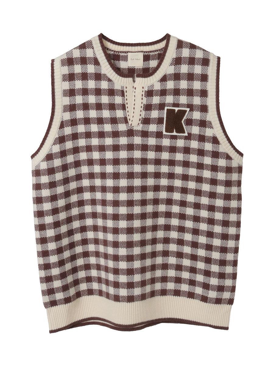 Kロゴワッペン付きチェックニットベスト 詳細画像 チョコレート 1
