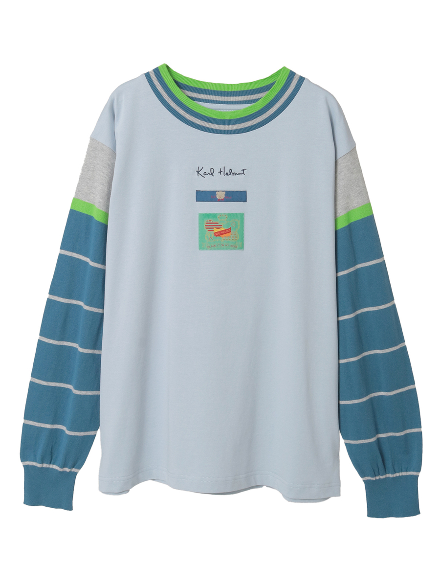 ボーダー袖使いレイヤード風カットソー 詳細画像 ブルー 1