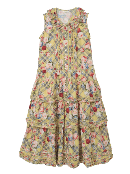 フラワーチェックプリントノースリーブワンピース