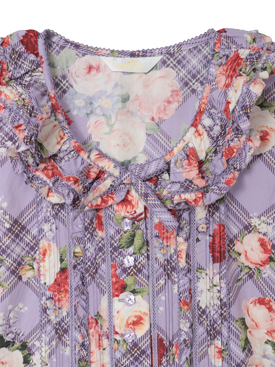 フラワーチェックプリントノースリーブワンピース 詳細画像 パープル 14