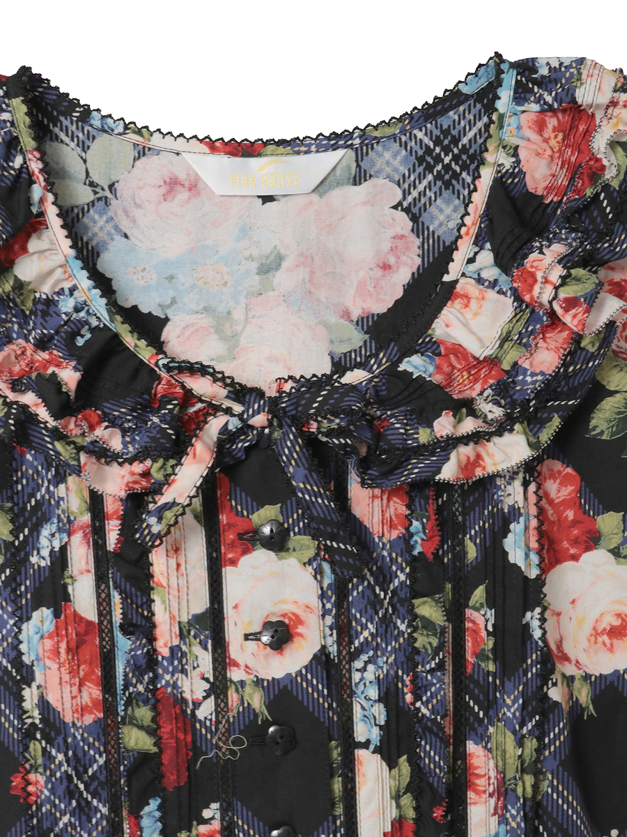 フラワーチェックプリントノースリーブワンピース 詳細画像 パープル 8