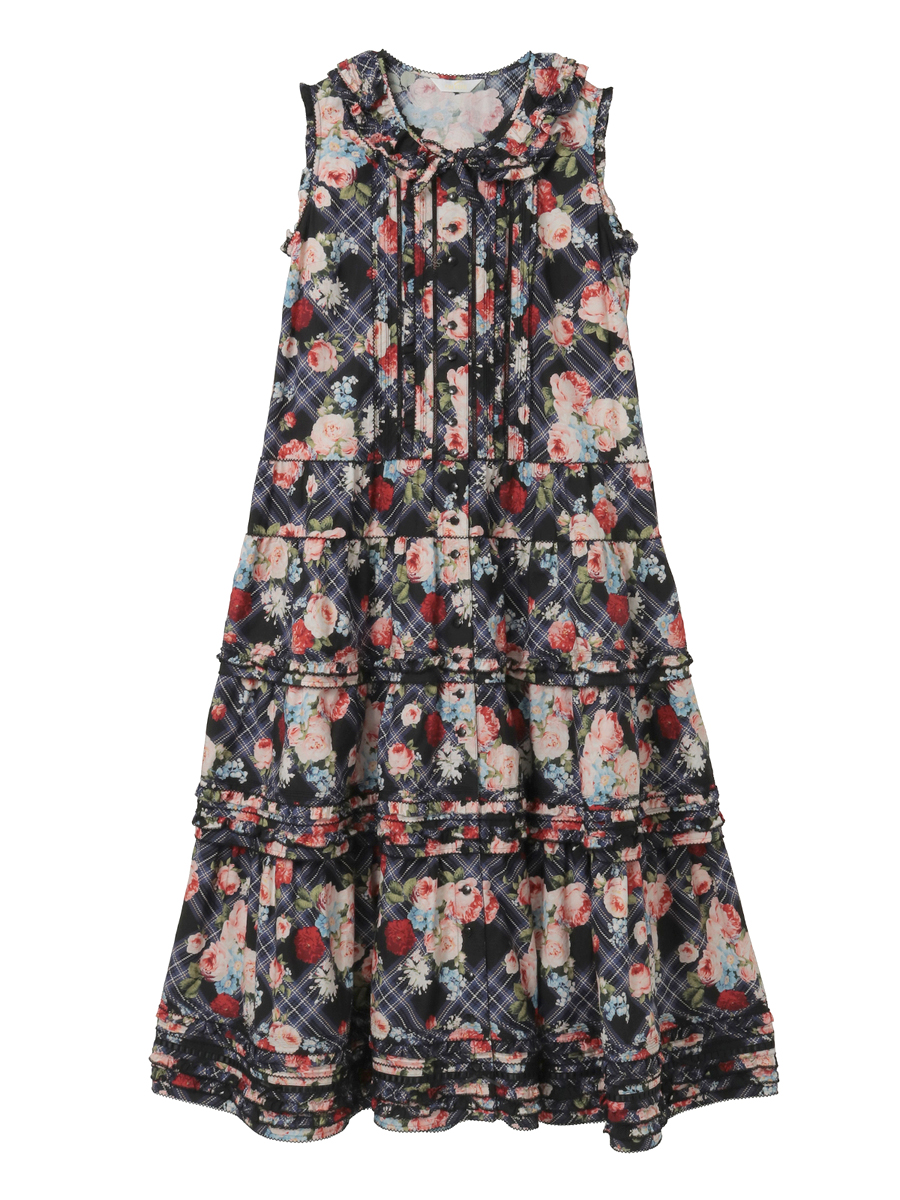 フラワーチェックプリントノースリーブワンピース 詳細画像 クロ 1