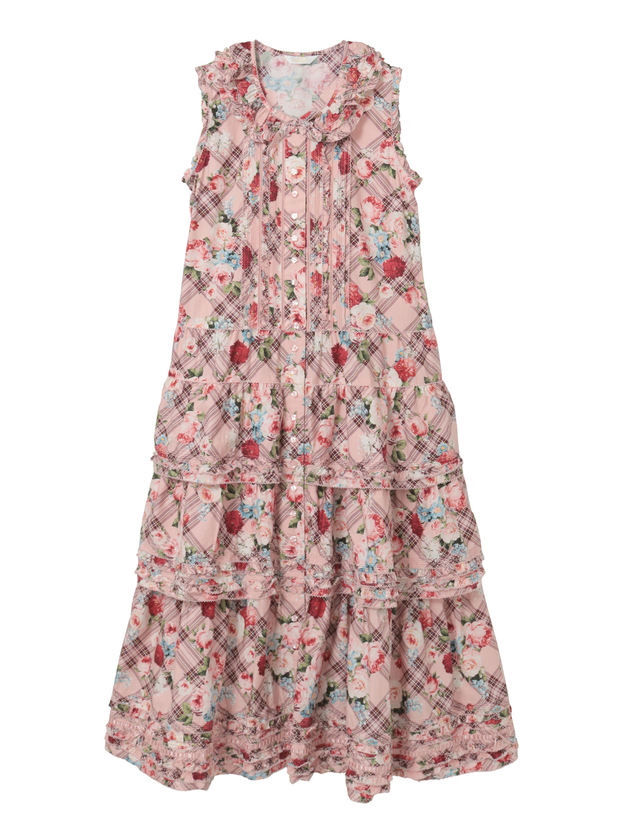 フラワーチェックプリントノースリーブワンピース 詳細画像 ピンク 1