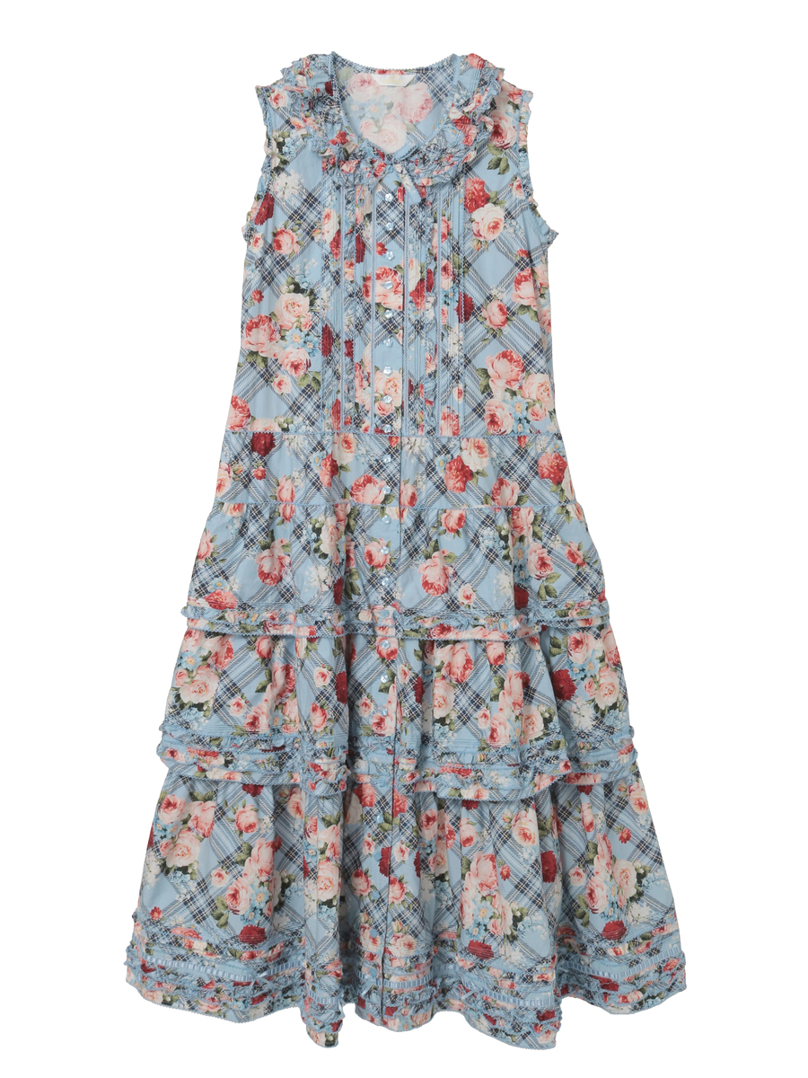 フラワーチェックプリントノースリーブワンピース 詳細画像 ブルー 1