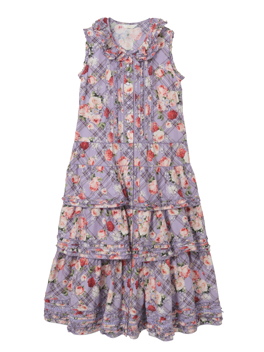 フラワーチェックプリントノースリーブワンピース 詳細画像 パープル 1