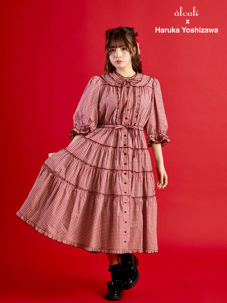 【alcali x Haruka Yoshizawa】猫耳付け襟チェックワンピース