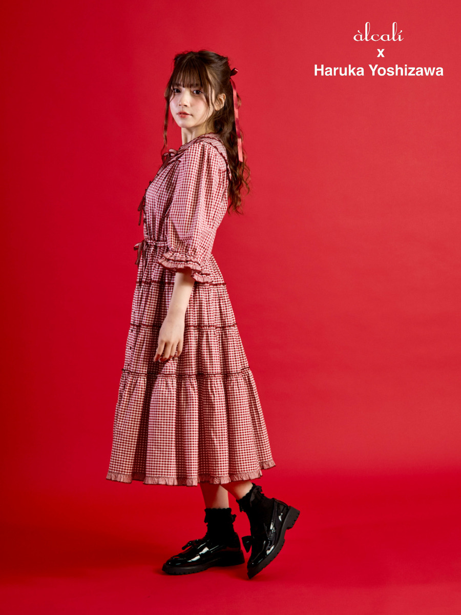 【alcali x Haruka Yoshizawa】猫耳付け襟チェックワンピース 詳細画像 レッド 2