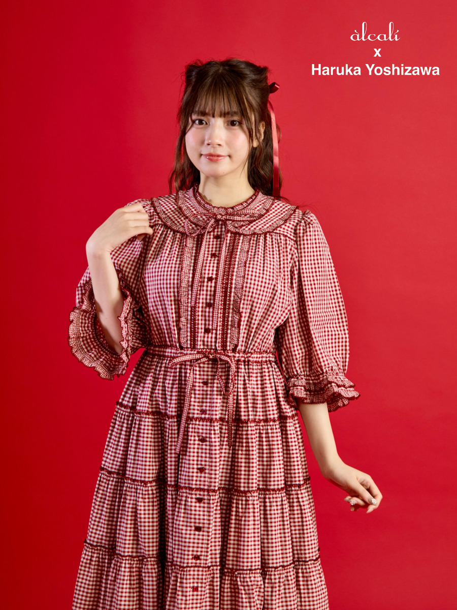 【alcali x Haruka Yoshizawa】猫耳付け襟チェックワンピース 詳細画像 レッド 3