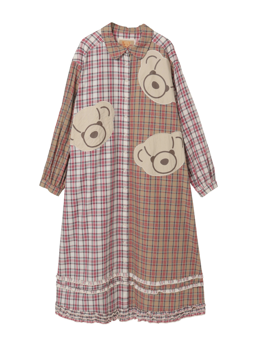 くまアップリケ使いオリジナルタータンチェックワンピース 詳細画像 シロ系 1