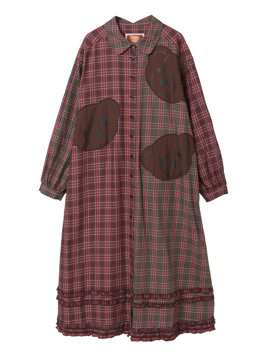 くまアップリケ使いオリジナルタータンチェックワンピース 詳細画像 アカ系 1