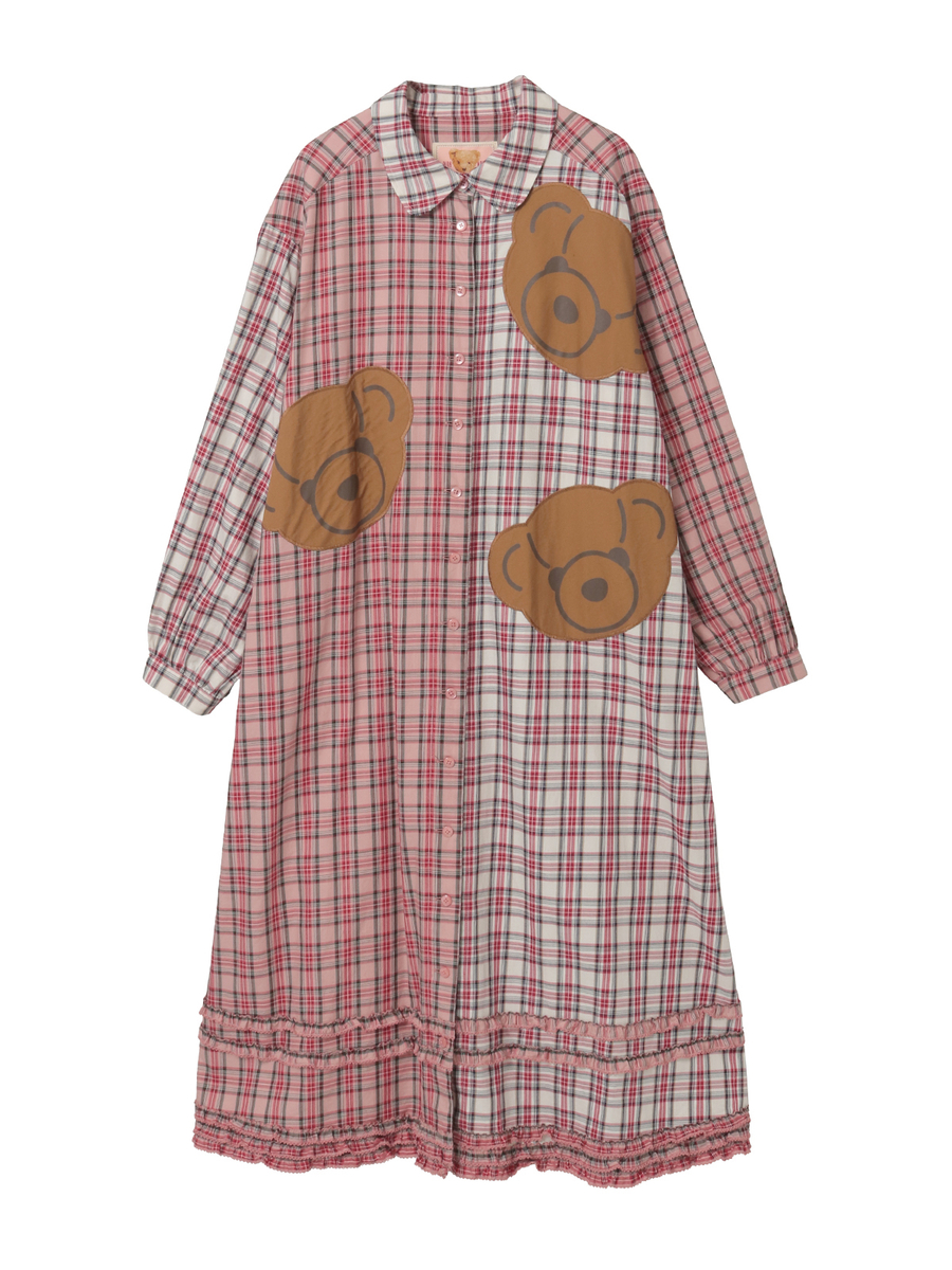 くまアップリケ使いオリジナルタータンチェックワンピース 詳細画像 ピンク系 1