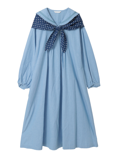 水玉スカーフ付きダンガリーセーラーワンピース