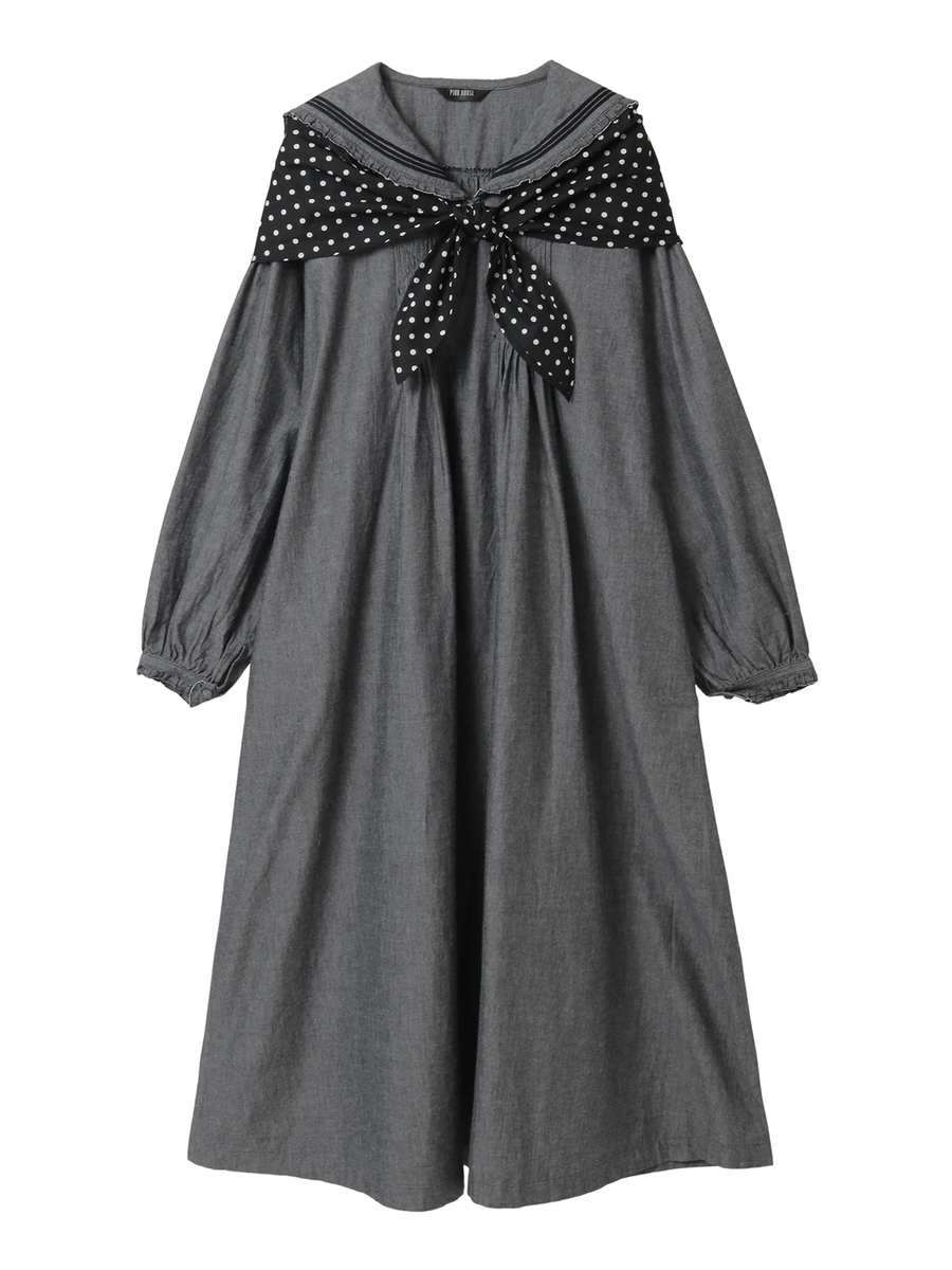 水玉スカーフ付きダンガリーセーラーワンピース 詳細画像 クロ 1