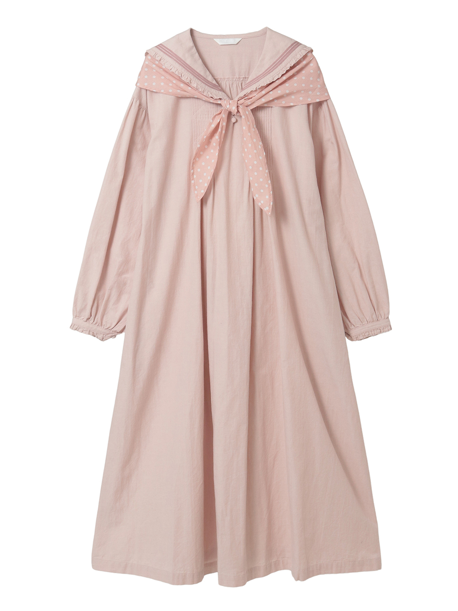 水玉スカーフ付きダンガリーセーラーワンピース 詳細画像 ピンク 1