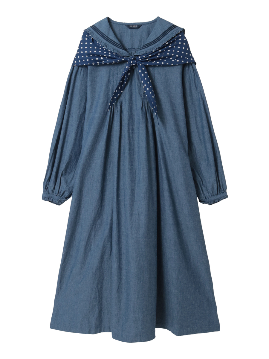 水玉スカーフ付きダンガリーセーラーワンピース 詳細画像 インディゴ 1