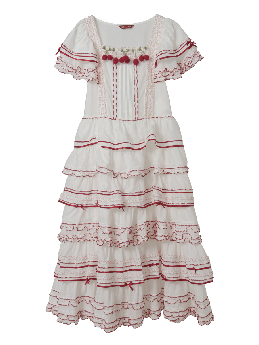 さくらんぼモチーフ使いフリルワンピース 詳細画像 シロ&times;アカ 1