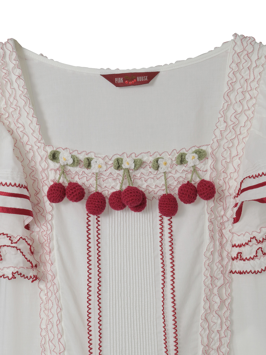 さくらんぼモチーフ使いフリルワンピース 詳細画像 シロ&times;アカ 3