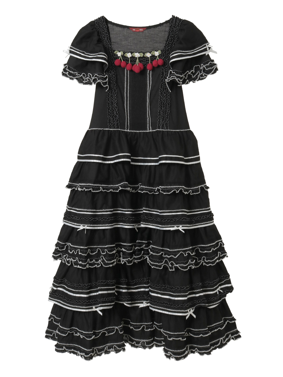 さくらんぼモチーフ使いフリルワンピース 詳細画像 クロ 1