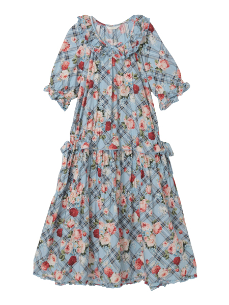 フラワーチェックプリントミディワンピース