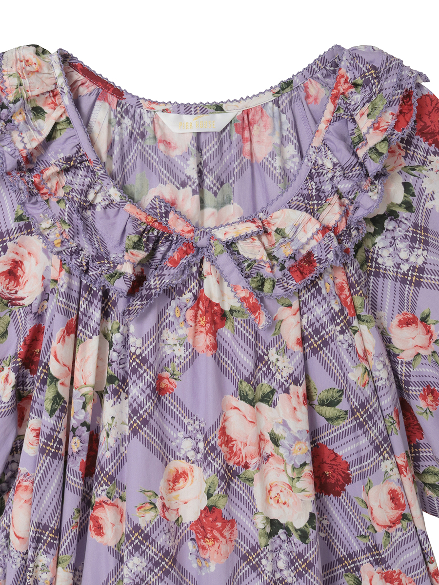 フラワーチェックプリントミディワンピース 詳細画像 ブルー 3