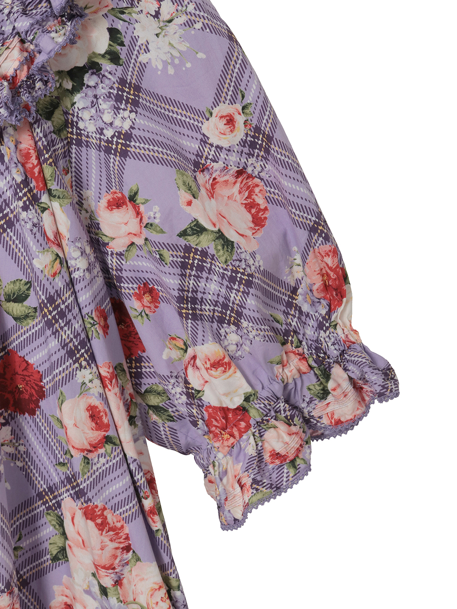 フラワーチェックプリントミディワンピース 詳細画像 ブルー 4