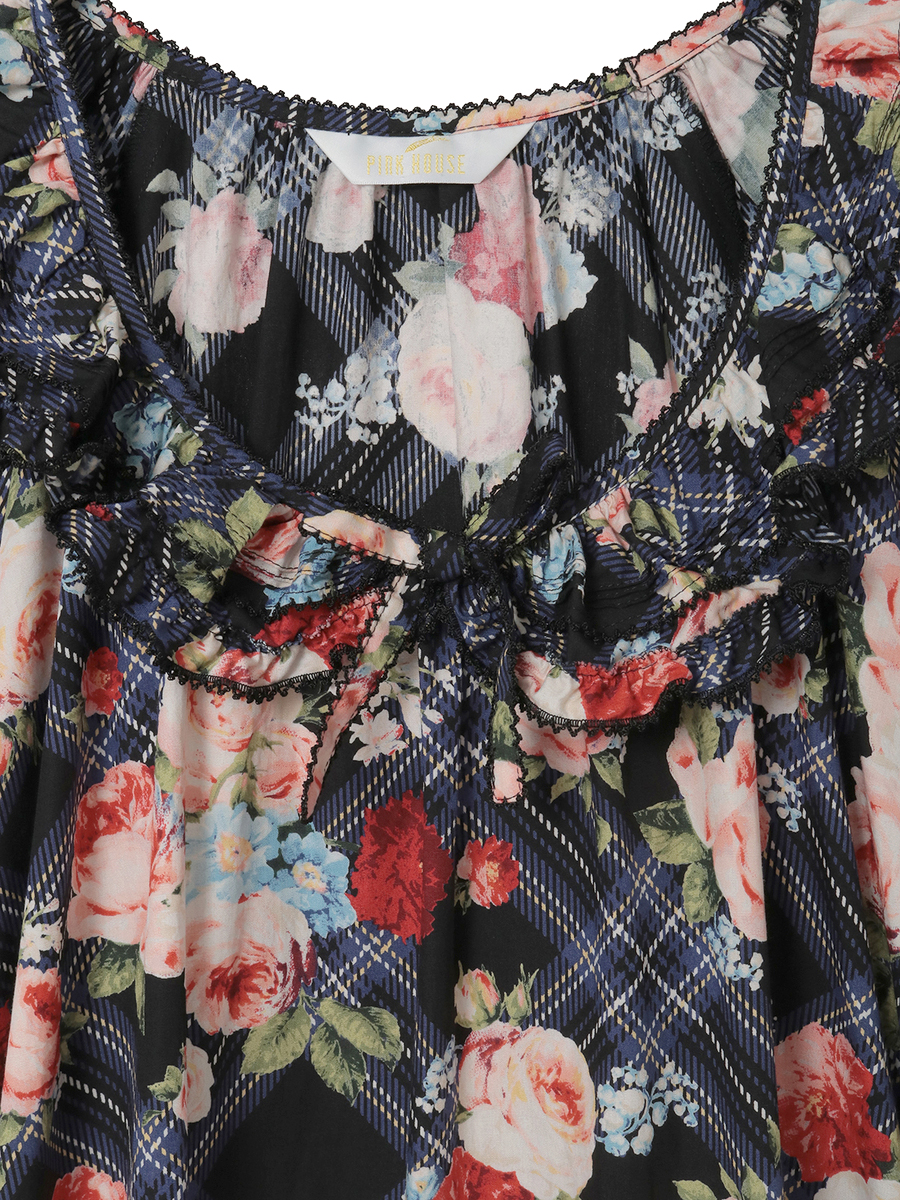 フラワーチェックプリントミディワンピース 詳細画像 ブルー 8