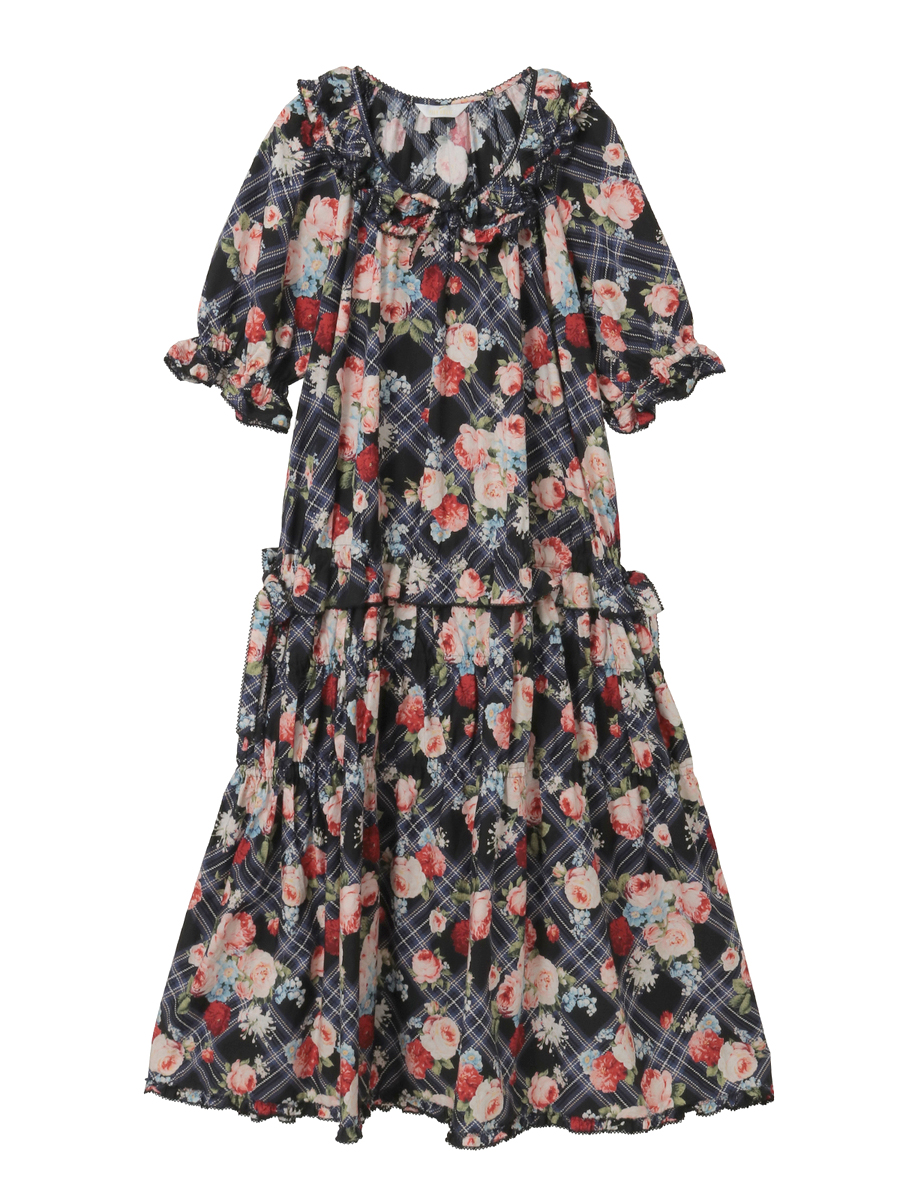 フラワーチェックプリントミディワンピース 詳細画像 クロ 1