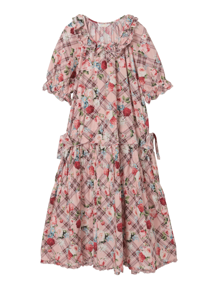 フラワーチェックプリントミディワンピース 詳細画像 ピンク 1