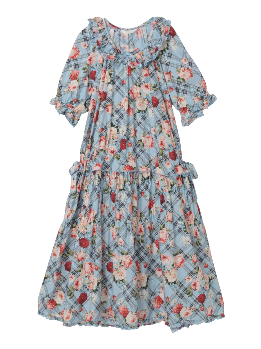 フラワーチェックプリントミディワンピース 詳細画像 ブルー 1