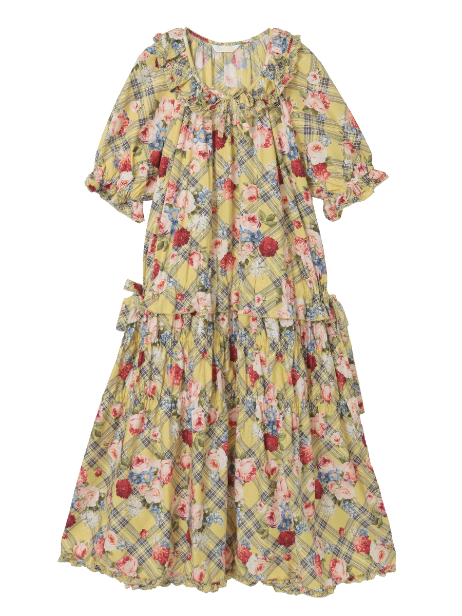 フラワーチェックプリントミディワンピース 詳細画像 イエロー 1