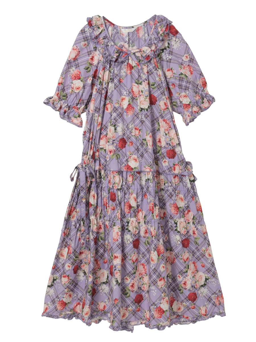 フラワーチェックプリントミディワンピース 詳細画像 パープル 1