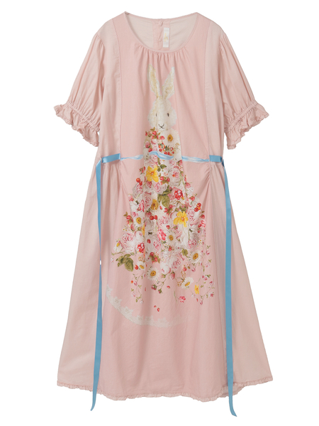 トロンプルイユラビットプリント使いローンワンピース