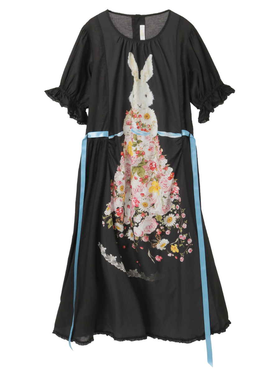 トロンプルイユラビットプリント使いローンワンピース 詳細画像 クロ 1