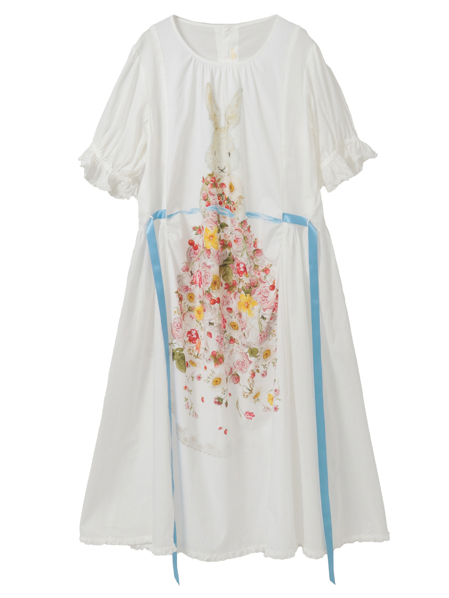 トロンプルイユラビットプリント使いローンワンピース 詳細画像 シロ 1