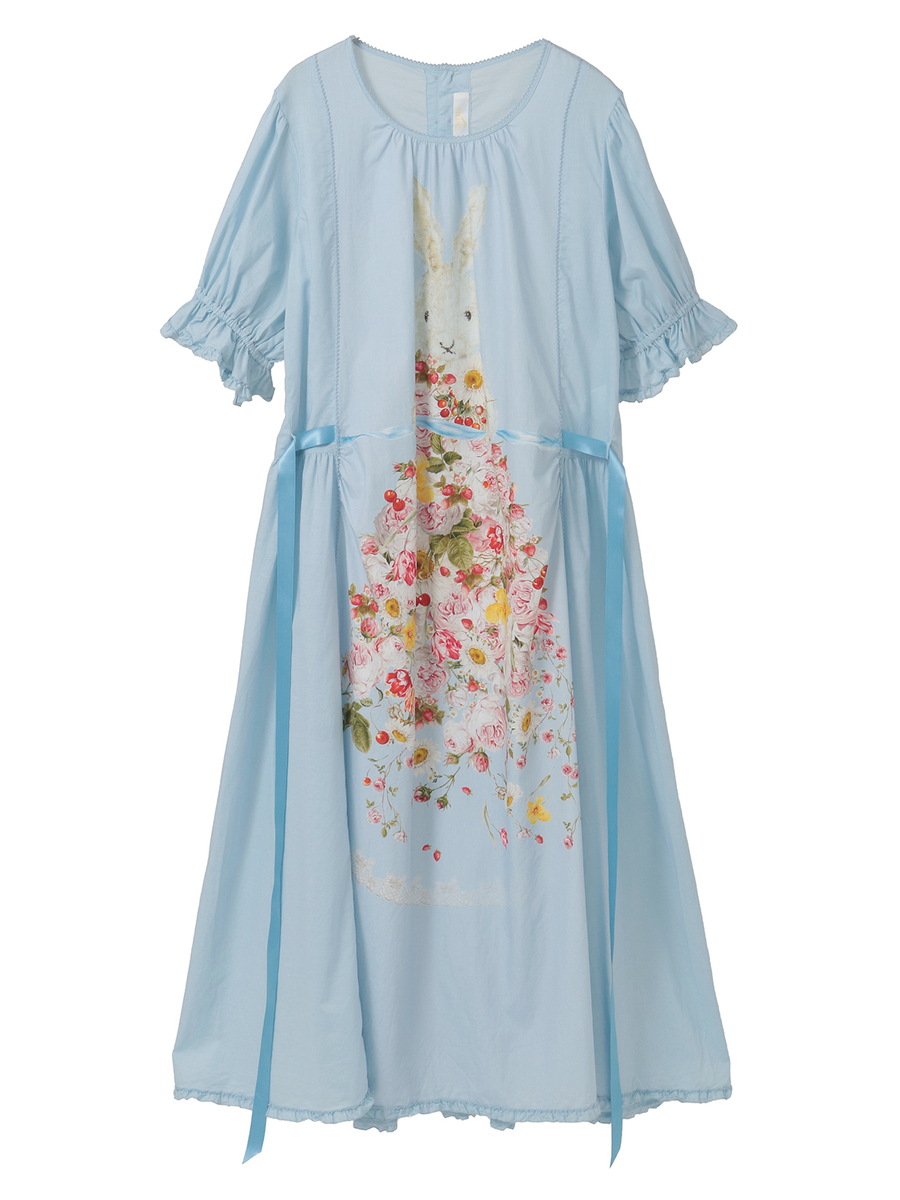 トロンプルイユラビットプリント使いローンワンピース 詳細画像 ブルー 1