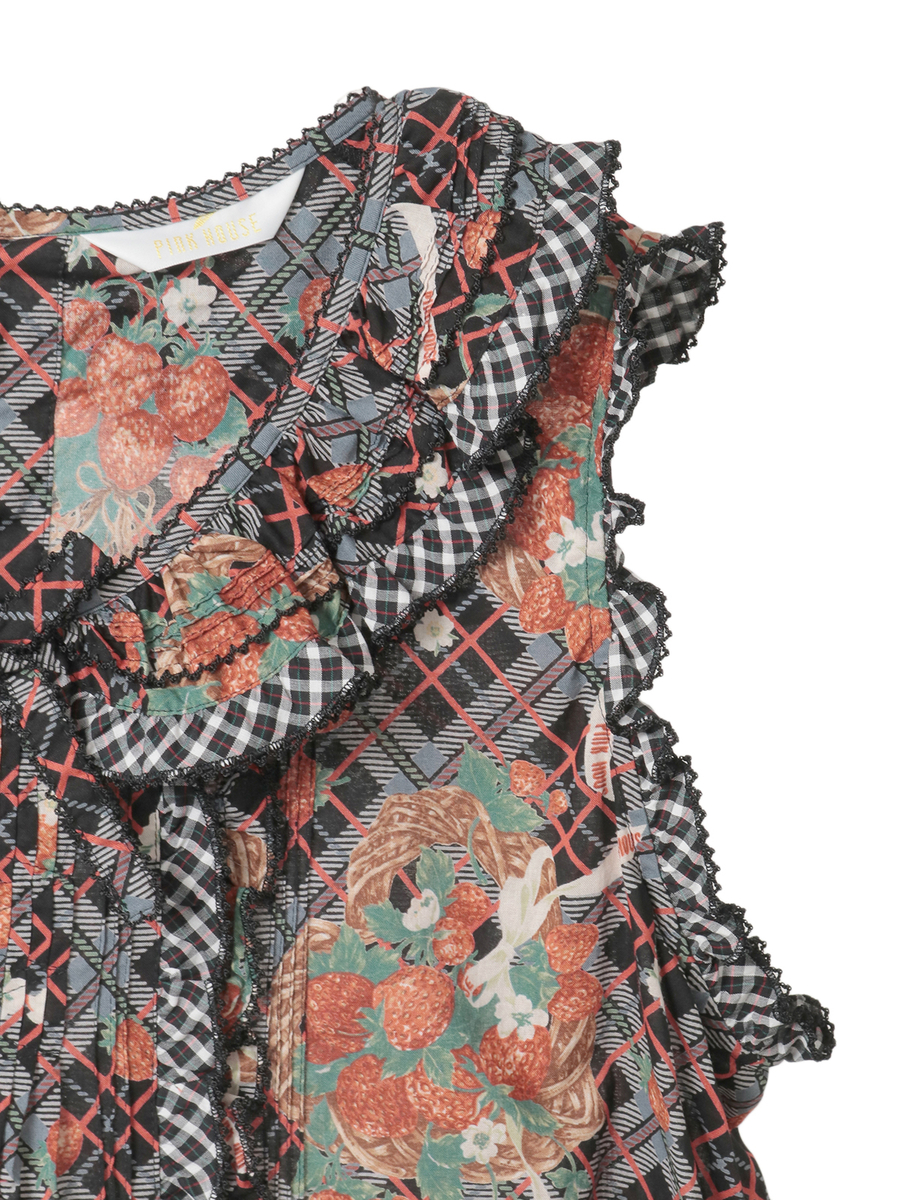 苺リースプリントノースリーブブラウス 詳細画像 クロ 4