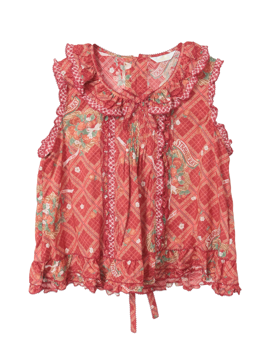 苺リースプリントノースリーブブラウス 詳細画像 アカ 1