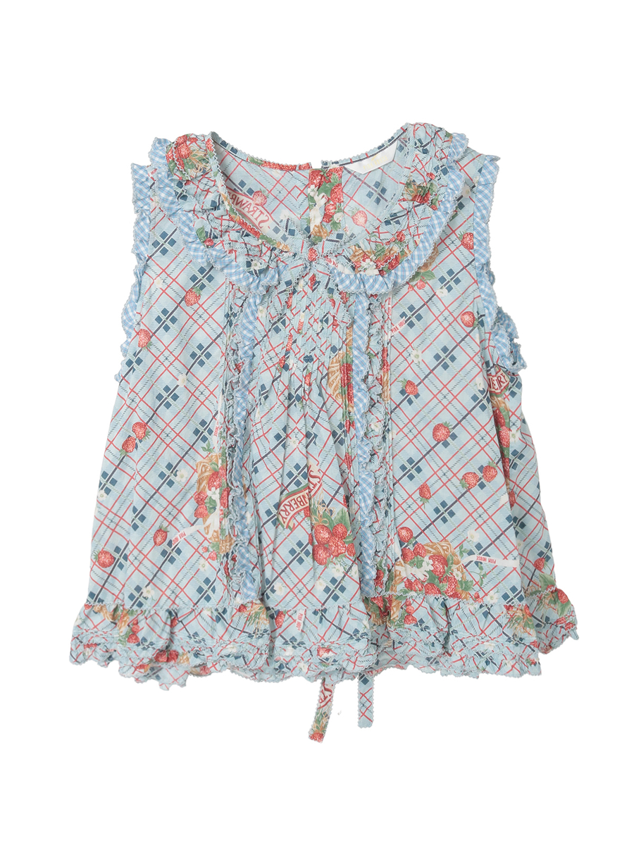 苺リースプリントノースリーブブラウス 詳細画像 ブルー 1