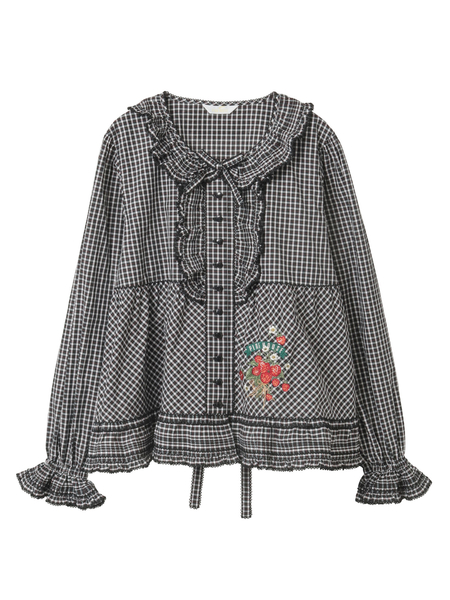 苺ブーケ刺繍入りオリジナルチェックブラウス