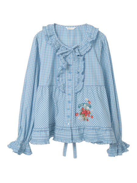 苺ブーケ刺繍入りオリジナルチェックブラウス